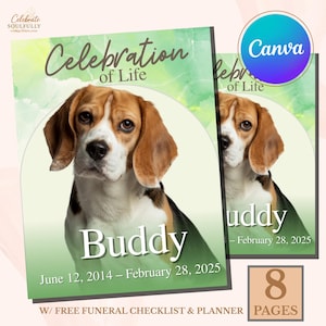 Może przedstawiać: Zielone i białe tło akwarelowe ze zdjęciem psa rasy beagle. Tekst "Celebration of Life" znajduje się na górze strony. Pies nazywa się "Buddy", a daty "June 12, 2014 - February 28, 2025" znajdują się pod zdjęciem psa. Tekst "W/ FREE FUNERAL CHECKLIST & PLANNER" znajduje się na dole strony. Liczba "8" znajduje się w brzoskwiniowym polu z napisem "PAGES" poniżej.