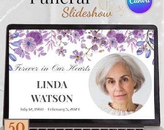 Purple Floral Memorial Template: Funeral Photo Tribute (Digital Download, Canva Edit)