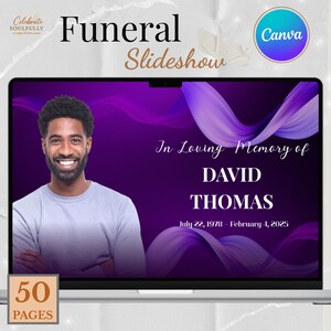 May include: A laptop screen displays a funeral slideshow template. The design features a smiling man, purple accents, and the text "In Loving Memory of DAVID THOMAS." The slideshow has 50 pages.
