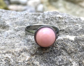 Genuine Peruvian Pink Opal 10mm Stainless Steel Bezel-Set Adjustable Gemstone Ring