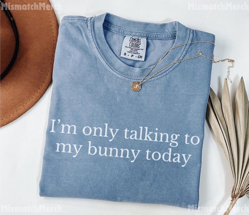 May include: A blue t-shirt with the text "I'm only talking to my bunny today" in white. A gold necklace with a pendant rests on the shirt. The shirt is made of a soft material.