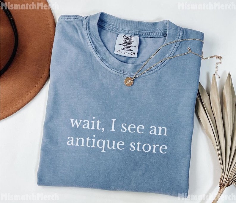 May include: A blue t-shirt with the text "wait, I see an antique store" in white. A gold necklace with a pendant is on the shirt. A brown hat and dried plant are in the background.