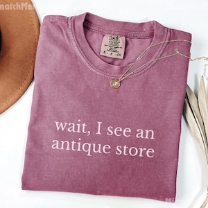 May include: A mauve Comfort Colors t-shirt with the text "wait, I see an antique store" in white. A gold necklace with a pendant rests on the shirt. A brown hat is partially visible in the upper left corner.