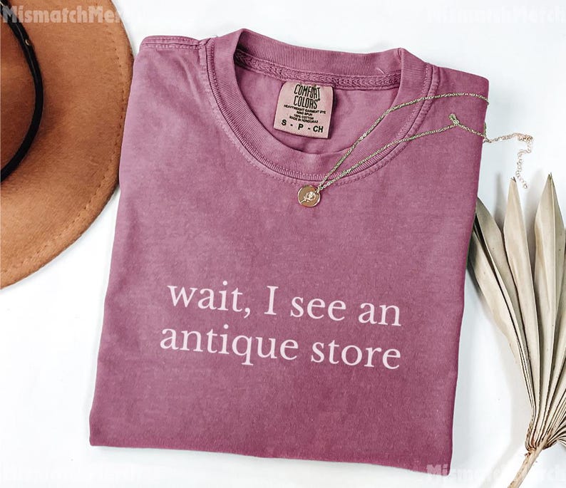 May include: A mauve Comfort Colors t-shirt with the text "wait, I see an antique store" in white. A gold necklace with a pendant rests on the shirt. A brown hat is partially visible in the upper left corner.