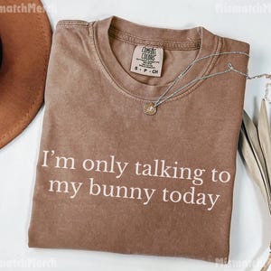 May include: A brown t-shirt with the text "I'm only talking to my bunny today" in white. The shirt has a crew neck and a small tag. A silver necklace with a pendant is on the shirt. A brown hat is visible in the upper left corner.