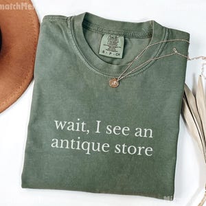 May include: An olive green t-shirt with the text "wait, I see an antique store" in white. A gold necklace with a pendant is draped across the shirt. A brown hat and dried plant are in the background.