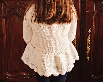 PATRÓN de crochet - Suéter con peplum de flores (tallas bebé hasta 8 años) (solo en inglés)