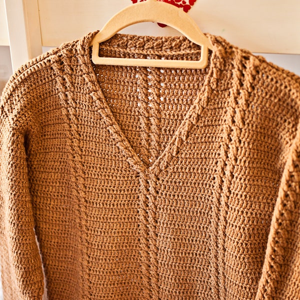 Crochet PATTERN  - Cable V-neck Sweater (sizes from 0 up to 12 years)