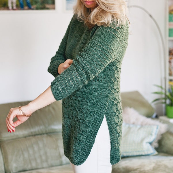 Crochet PATTERN  - Forest Sweater with side slits (sizes S, M, L, XL, XXL) (English only)