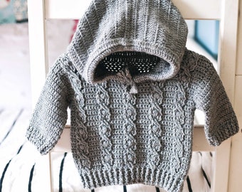 Crochet PATTERN  - Favorite Cable Hoodie (child sizes 6-12m up to 9-10y) (English only)