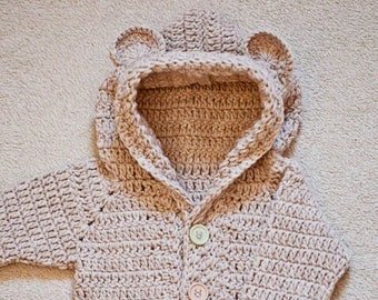 Crochet pattern - Bear Hooded Cardigan - (sizes from 0-6m up to 8 years) (English only)