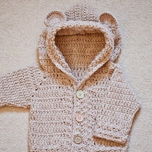 Crochet pattern - Bear Hooded Cardigan - (sizes from 0-6m up to 8 years) (English only)