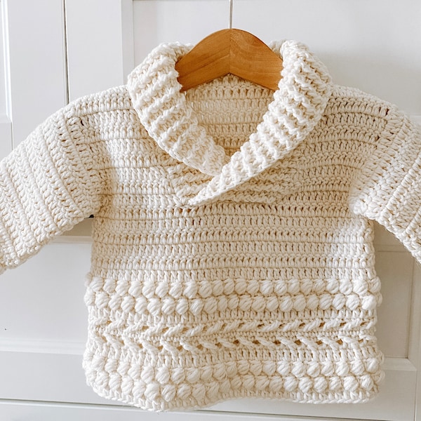 MOTIF au crochet - Pull à col châle (taille des enfants de 0 à 6 m et de 9 à 10 ans) (en anglais uniquement)