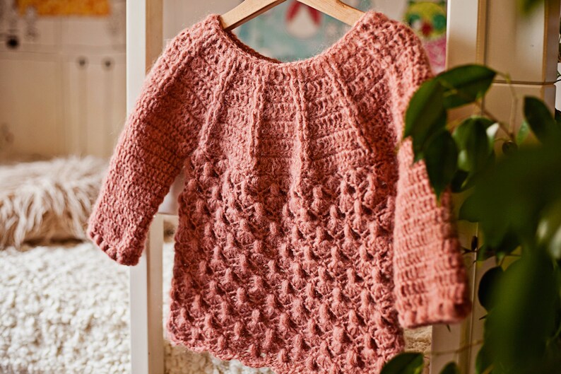 May include: A pink crocheted sweater with a textured design. The sweater has long sleeves and a round neckline.