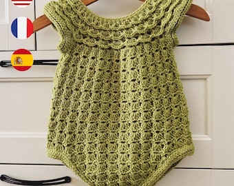 Crochet PATTERN  - Shell Romper (sizes 0-6, 6-12, 12-18 and 18-24 months) (English, Spanish, French)