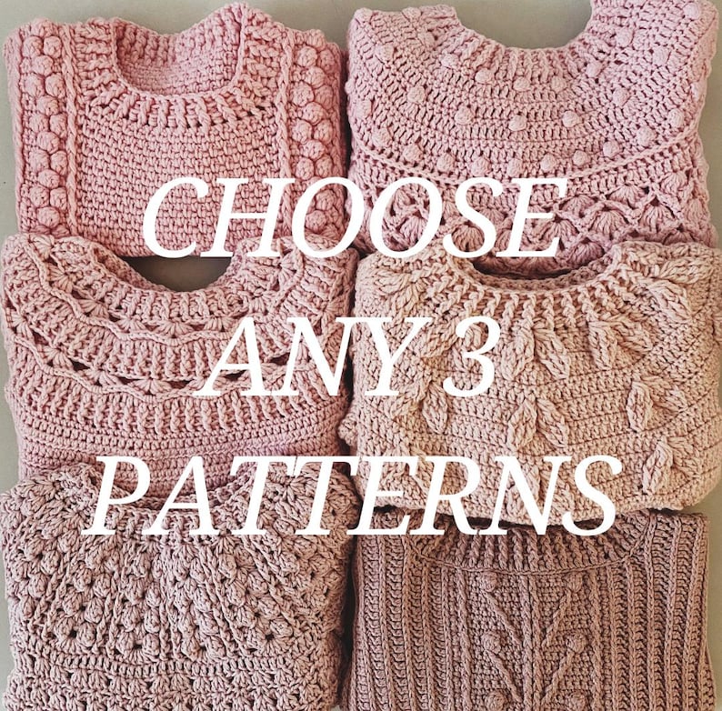 Puede incluir: Seis patrones de ganchillo diferentes para su&eacute;teres, todos en un color rosa claro. El texto "ELIGE CUALQUIER 3 PATRONES" se muestra en el centro de la imagen.