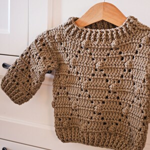 May include: A brown crocheted sweater with a textured pattern. The sweater has a round neckline and long sleeves.