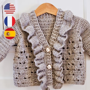 PATRÓN de Crochet + videotutorial - Cárdigan Frill Bloom (desde 0-6 m hasta 9-10y) (Español, Inglés, Francés)