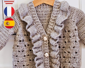 Crochet PATTERN + video tutorial - Frill Bloom Cardigan (from 0-6m up to 9-10y) (English, Spanish, French)