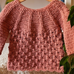 May include: A pink crocheted sweater with a textured stitch pattern and long sleeves.