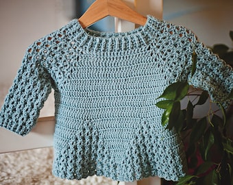 Crochet PATTERN - Lace Sleeve Sweater  (sizes 6-12m up to 9-10 years) (English only)