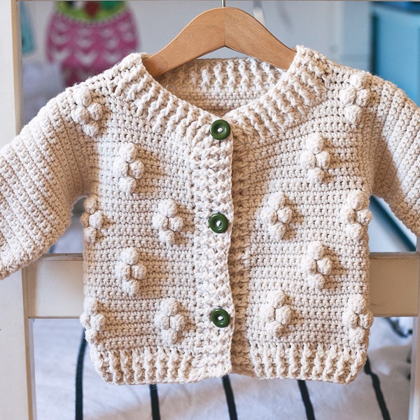 PATRON au crochet - Cardigan à fleurs en coton (tailles de 1-2 ans à 10 ans) (en anglais uniquement)