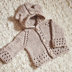 Knitting Pattern (pdf file) Instant Download - Knit Bear Cub Hooded Cardigan (sizes up to 10 years) (English only)