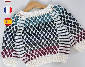 Crochet PATTERN  - Honeycomb Sweater (child sizes 0-6m up to 9-10y) (English, Spanish, French)