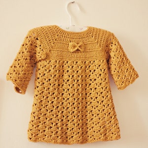 Crochet PATTERN Mustard Bow Dress sizes up to 4 years English only image 1