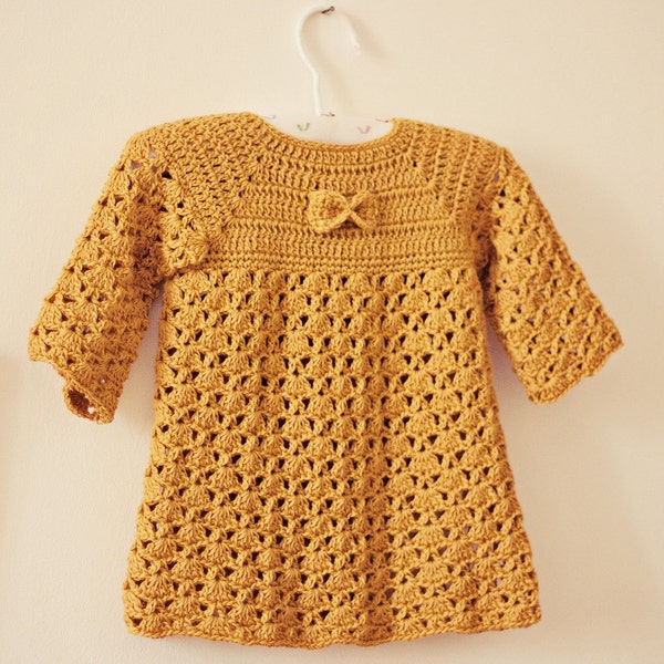 Dress Crochet PATTERN - Mustard Bow Dress (sizes up to 4 years) (English only)