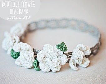 Gehaakt PATROON - hoofdband met bloemenboetiek (maten: baby tot volwassene) (alleen Engelstalig)