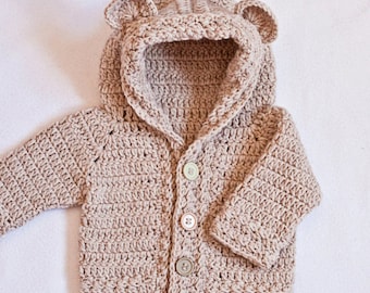 Crochet pattern - Bear Hooded Cardigan - (sizes from 0-6m up to 8 years) (English only)