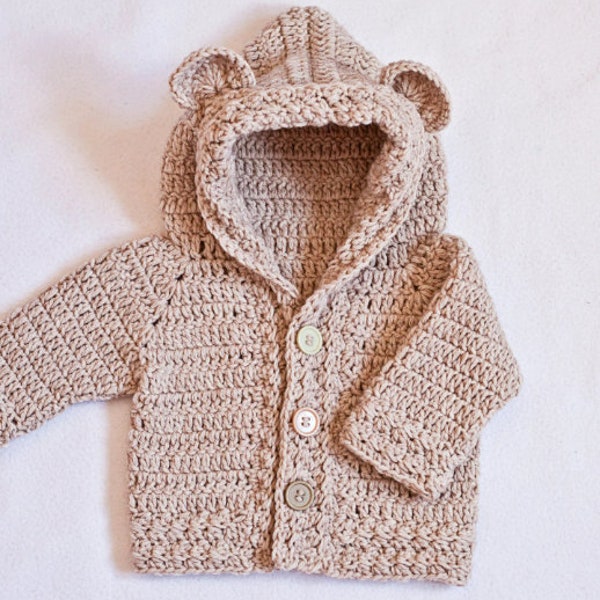 Crochet pattern - Bear Hooded Cardigan - (sizes from 0-6m up to 8 years) (English only)
