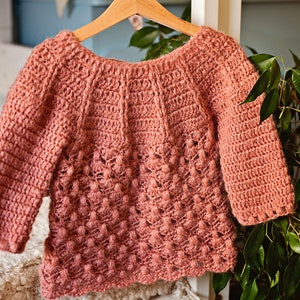 May include: A crocheted sweater in a dusty rose color with a textured stitch pattern. The sweater has a wide neckline and long sleeves.