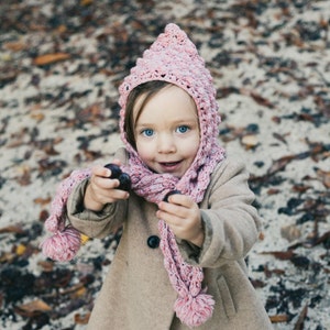 Crochet hat PATTERN Pom-pom scarf with hoodie sizes baby to adult English only image 3