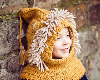 Crochet PATTERN - Lion Hooded Cowl (baby to adult) (English only)