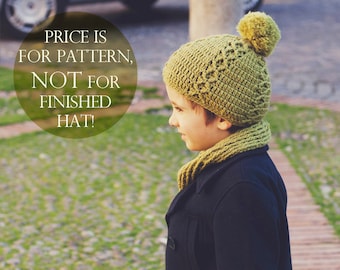 May include: A child wearing a green crocheted hat with a pompom and a matching scarf. The text "PRICE IS FOR PATTERN, NOT FOR FINISHED HAT!" is superimposed on the image.