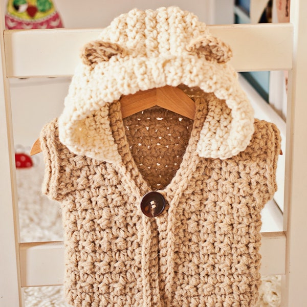 Crochet PATTERN - Super Bulky Hooded Vest  (sizes baby up to 12 years) (English only)