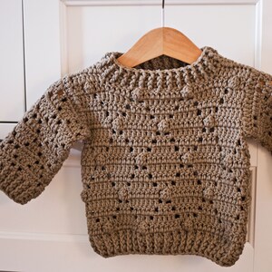 May include: A brown crocheted sweater with a textured pattern. The sweater has a round neckline and long sleeves.
