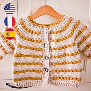 Häkelanleitung und Video-Anleitung - Amber Stripe Cardigan (Größen von 0-6 M bis 9-10y) (Englisch, Französisch, Spanisch)
