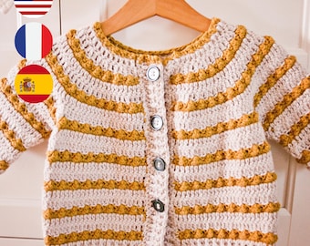 Crochet PATTERN and video tutorial - Amber Stripe Cardigan (sizes from 0-6m up to 9-10y) (English, French, Spanish)