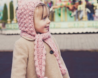 Crochet hat PATTERN - Pom-pom scarf with hoodie (sizes baby to adult) (English only)