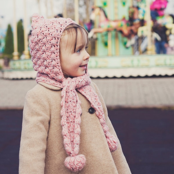 Crochet hat PATTERN - Pom-pom scarf with hoodie (sizes baby to adult) (English only)