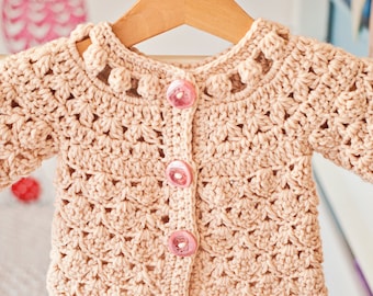 PATRON au crochet - Fun Shell and Cluster Cardigan (tailles bébé jusqu'à 8 ans) (en anglais seulement)