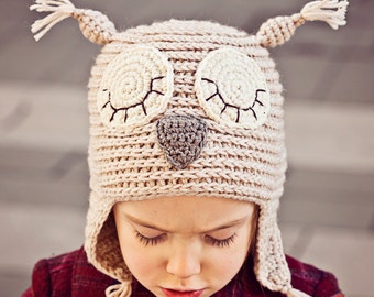 Crochet PATTERN  - Sleepy Owl Earflap Hat (sizes baby, toddler, child, adult) (English only)