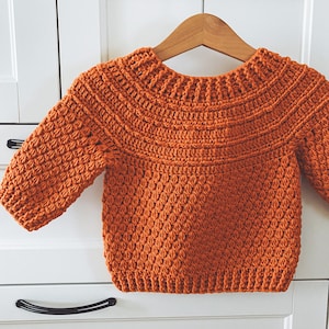 Peut inclure: Un pull en crochet de couleur orange brûlée avec un col côtelé et des manches longues.