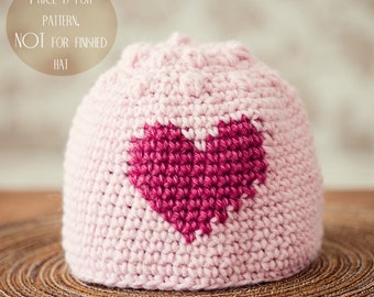 Crochet hat PATTERN (pdf file) - Heart and Bobble Hat (sizes baby to adult) (English only)