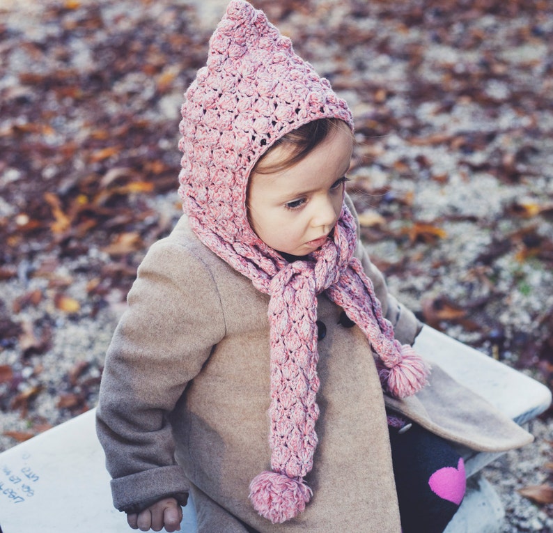 Crochet hat PATTERN Pom-pom scarf with hoodie sizes baby to adult English only image 2