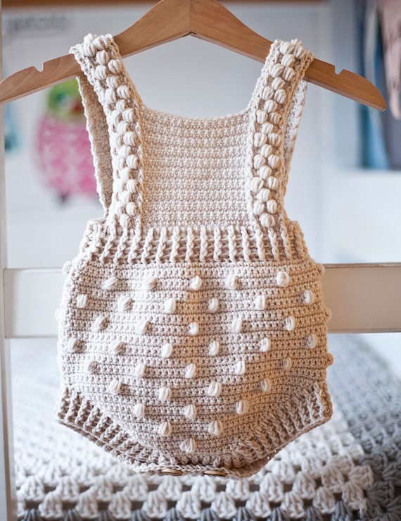 Crochet PATTERN Bobble Romper sizes 0-3, 6-9, 12-18 Months english