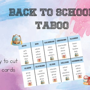 May include: A Back to School Taboo game with 70 cards. The game features categories like Boys, Bus, Calendar, Cheering, Classes, Clique, Clothing, Clubs, College, and Counselor. The background has a watercolor design.